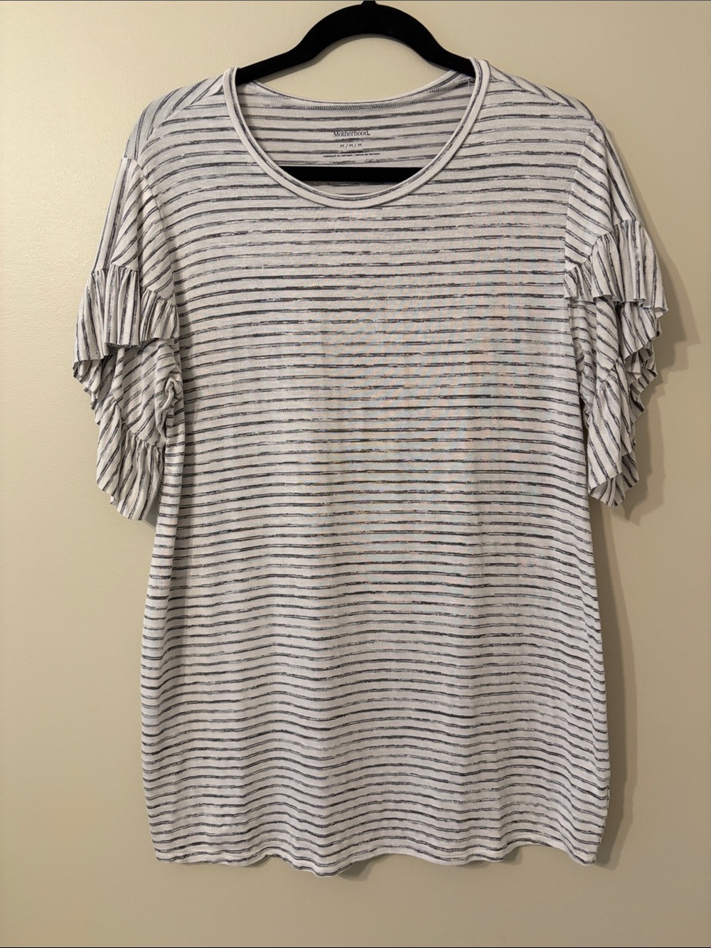 Motherhood Maternity White and Black Striped Ruffle Sleeve Tee